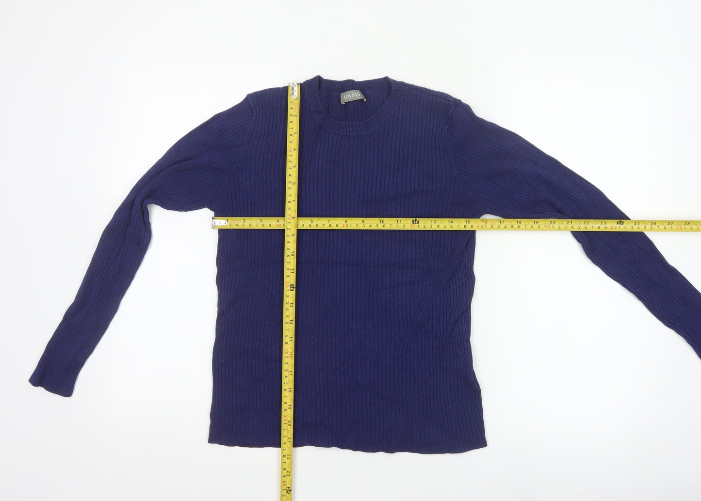 Oasis Women’s Blue L Ribbed Crew Neck Long Sleeve Slim Jumper