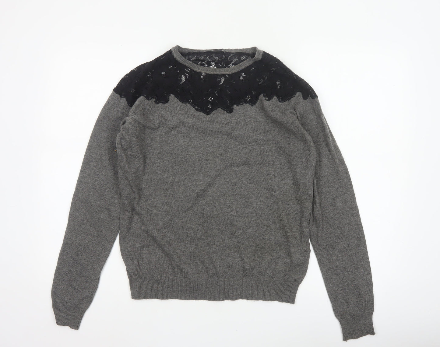 Zara Women’s Grey Black Lace Yoke Knit Pullover Jumper L