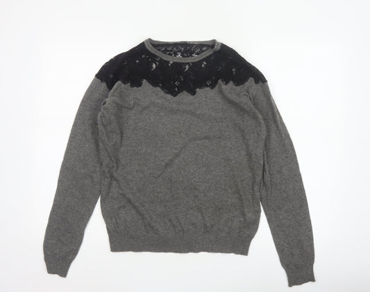 Zara Women’s Grey Black Lace Yoke Knit Pullover Jumper L