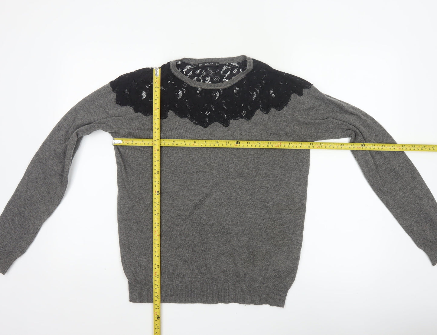 Zara Women’s Grey Black Lace Yoke Knit Pullover Jumper L