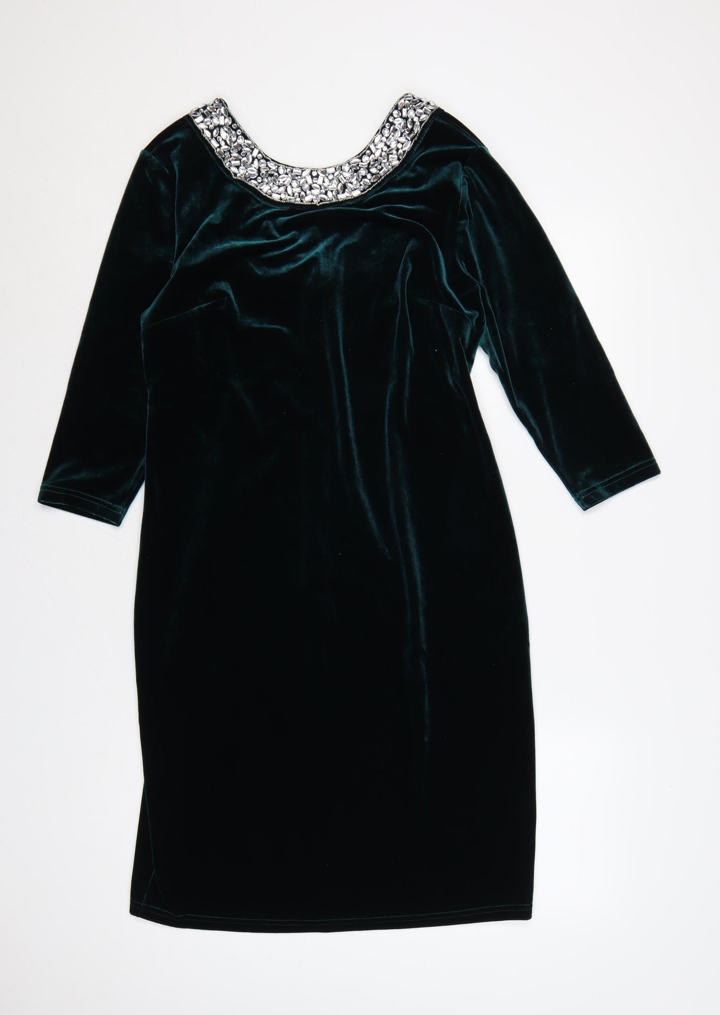 Sosandar Women Green Velvet Beaded Scoop Neck Sheath Dress UK 12