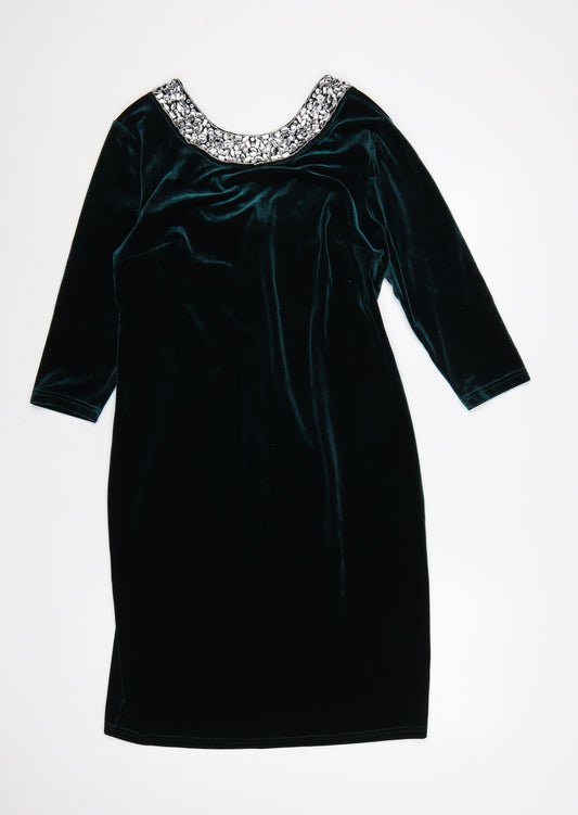 Sosandar Women Green Velvet Beaded Scoop Neck Sheath Dress UK 12