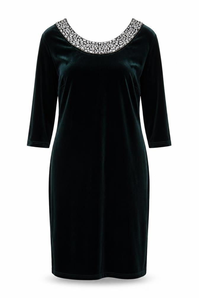 Sonsandar Women Green Velvet Beaded Scoop Neck Sheath Dress UK 12