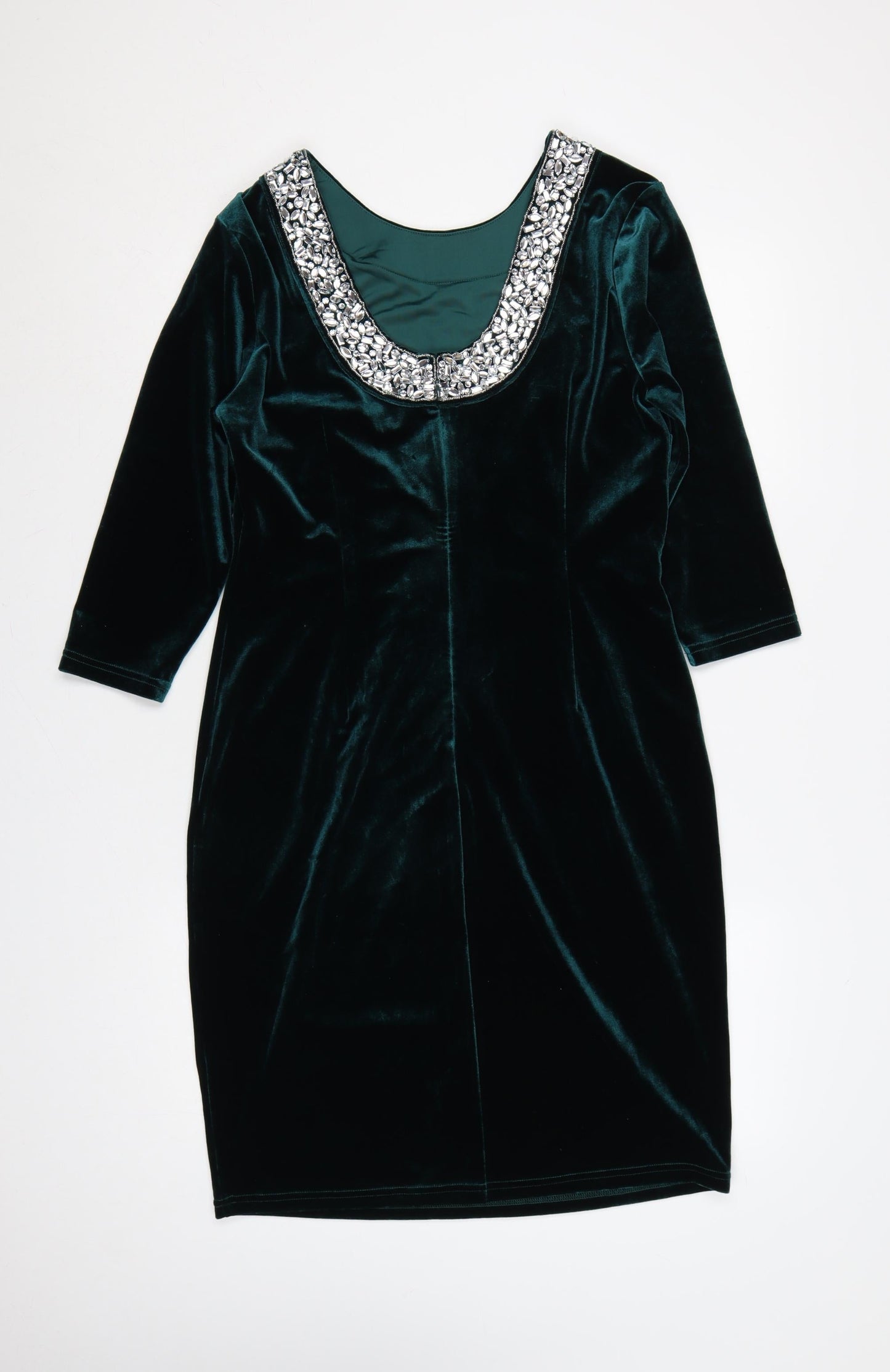 Sosandar Women Green Velvet Beaded Scoop Neck Sheath Dress UK 12