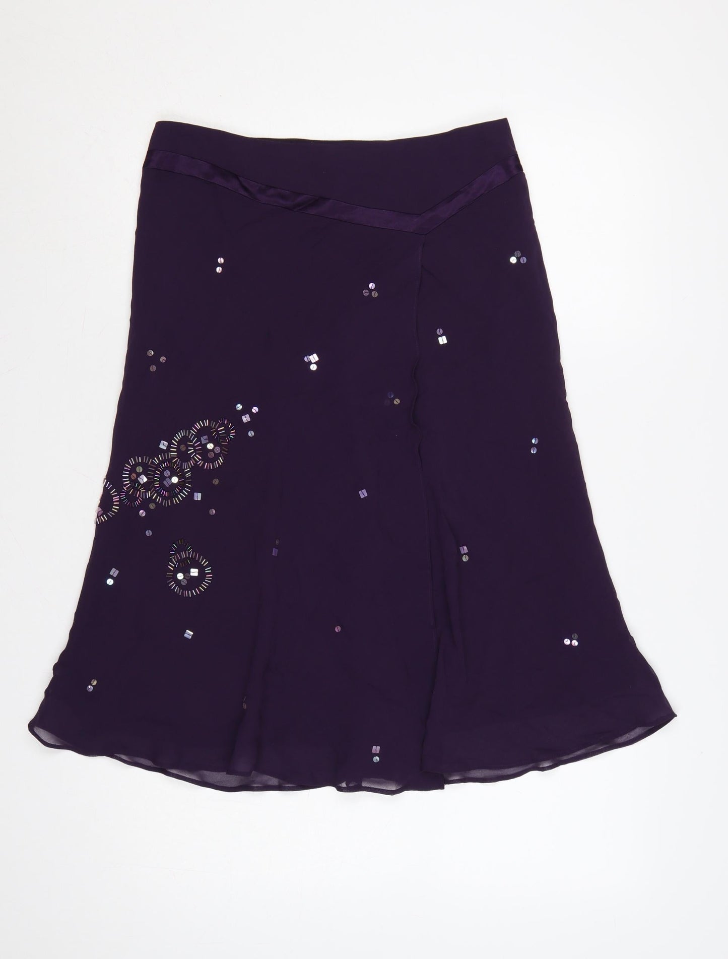 Planet Women Purple UK 12 Silk Floral Beaded Flare Midi Skirt