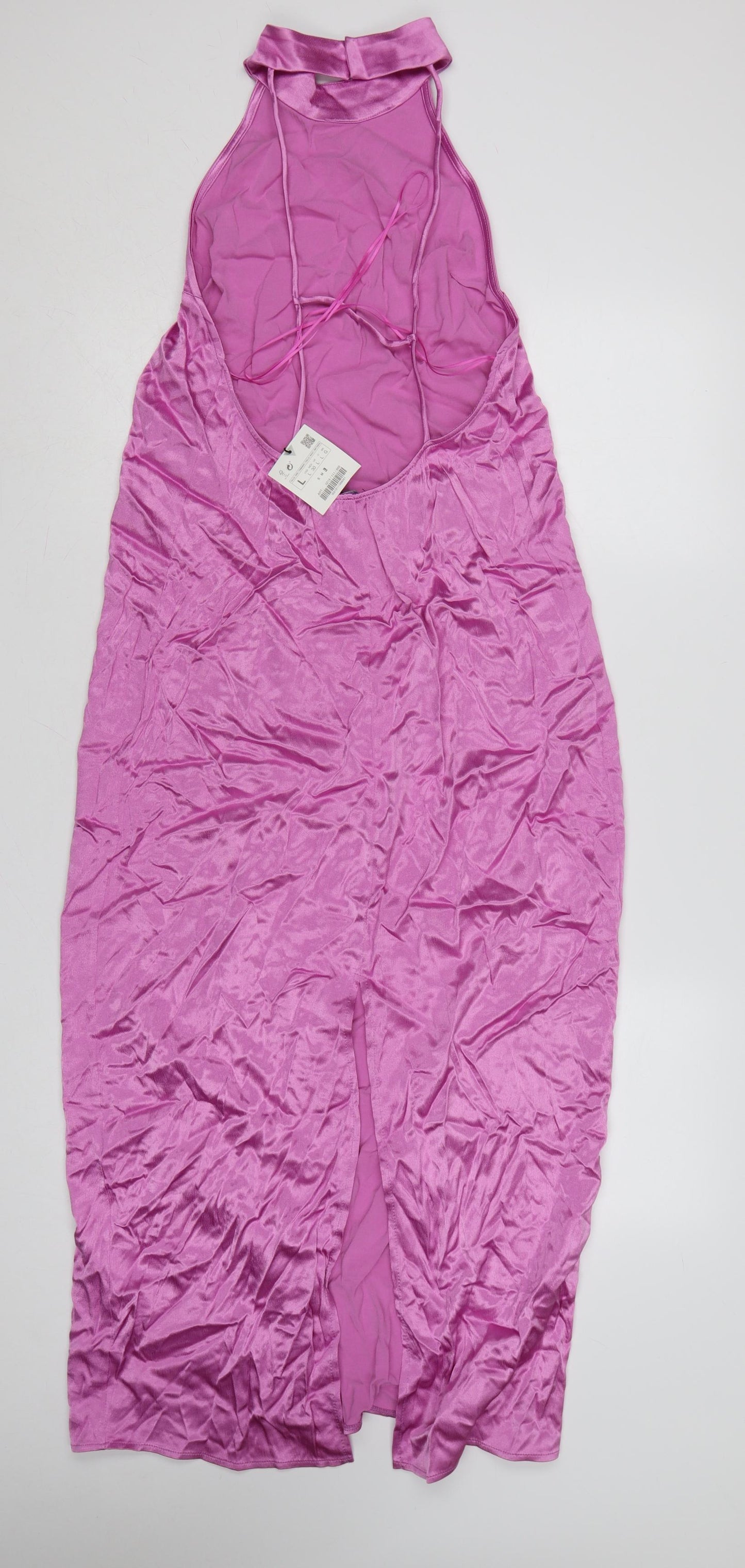 Zara Women Pink 12-14 Maxi Satin Backless Halter Party Dress