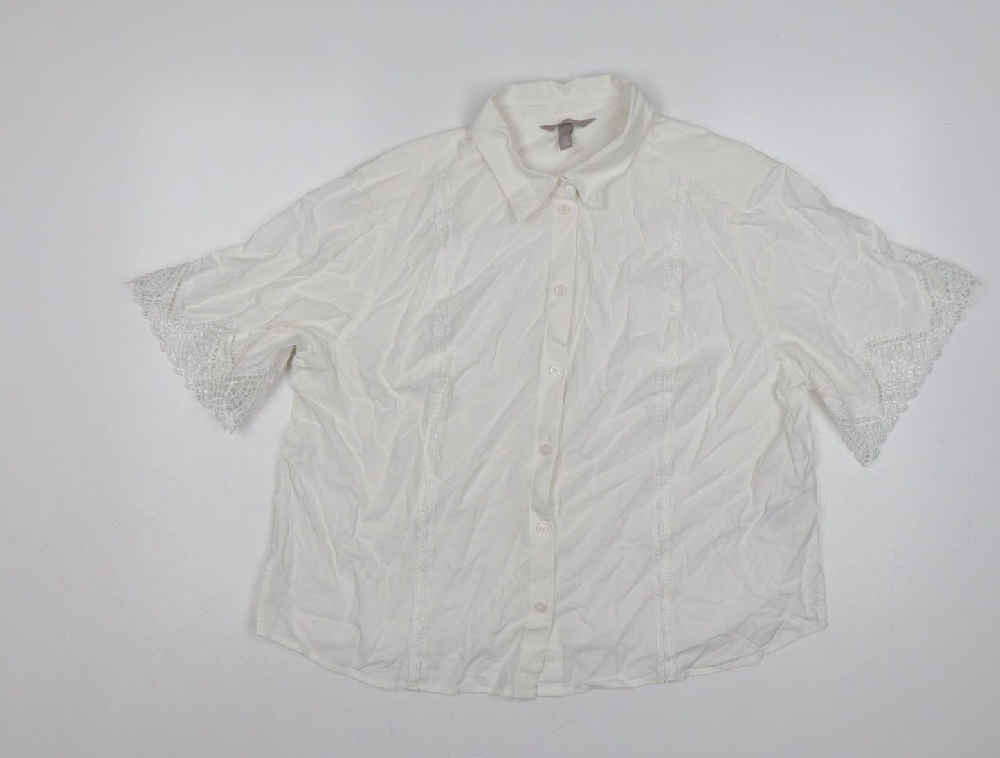 H&M Women Ivory UK 16 Linen Blend Lace Flutter Sleeve Button-Up Blouse