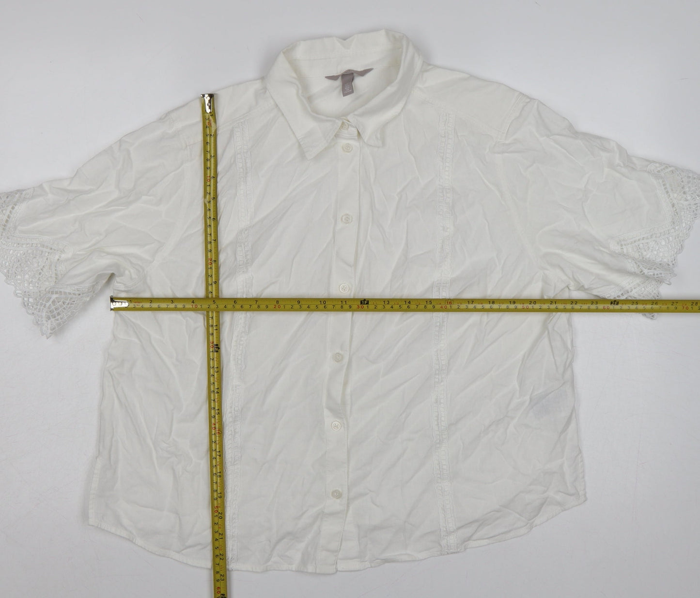 H&M Women Ivory UK 16 Linen Blend Lace Flutter Sleeve Button-Up Blouse
