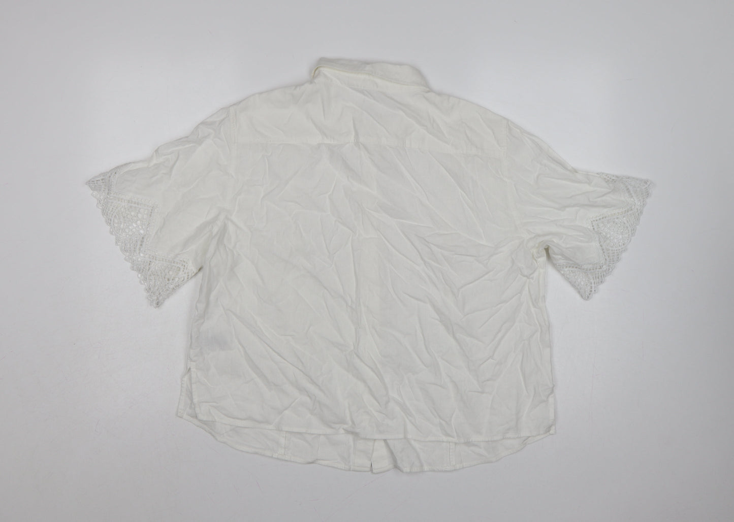 H&M Women Ivory UK 16 Linen Blend Lace Flutter Sleeve Button-Up Blouse