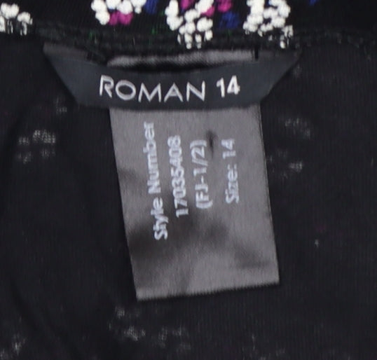 Roman Women Black Floral A-Line Midi Skirt UK 14 Stretch Jersey