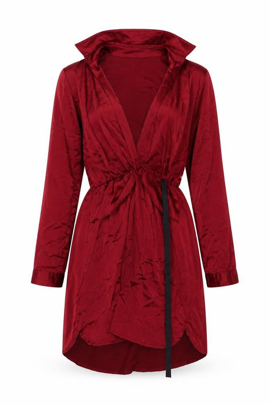 PrettyLittleThing Women Red UK 8 Satin Tie Waist Shirt Dress