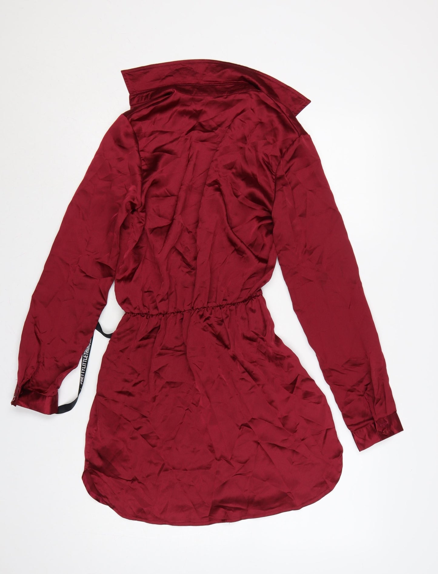PrettyLittleThing Women Red UK 8 Satin Tie Waist Shirt Dress