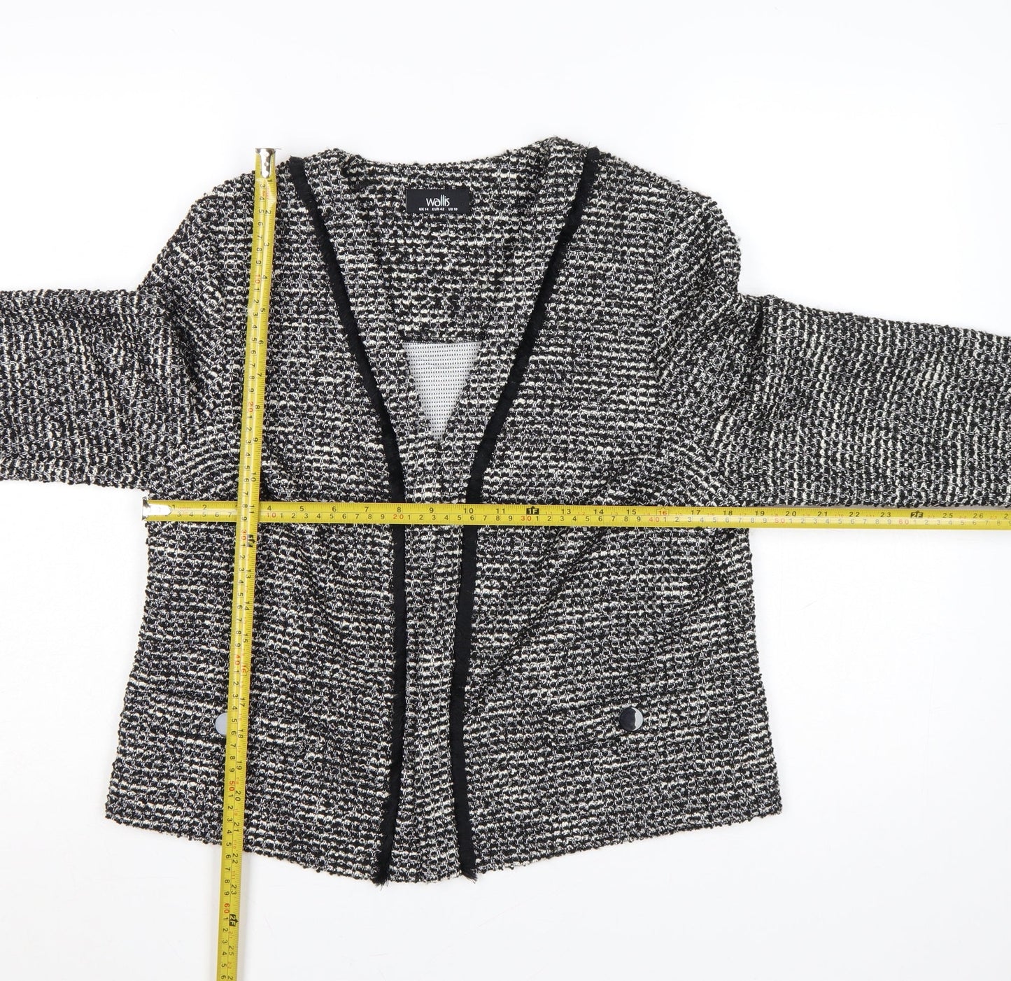 Wallis Women Black & White Bouclé Blazer UK 14 Check Open Front