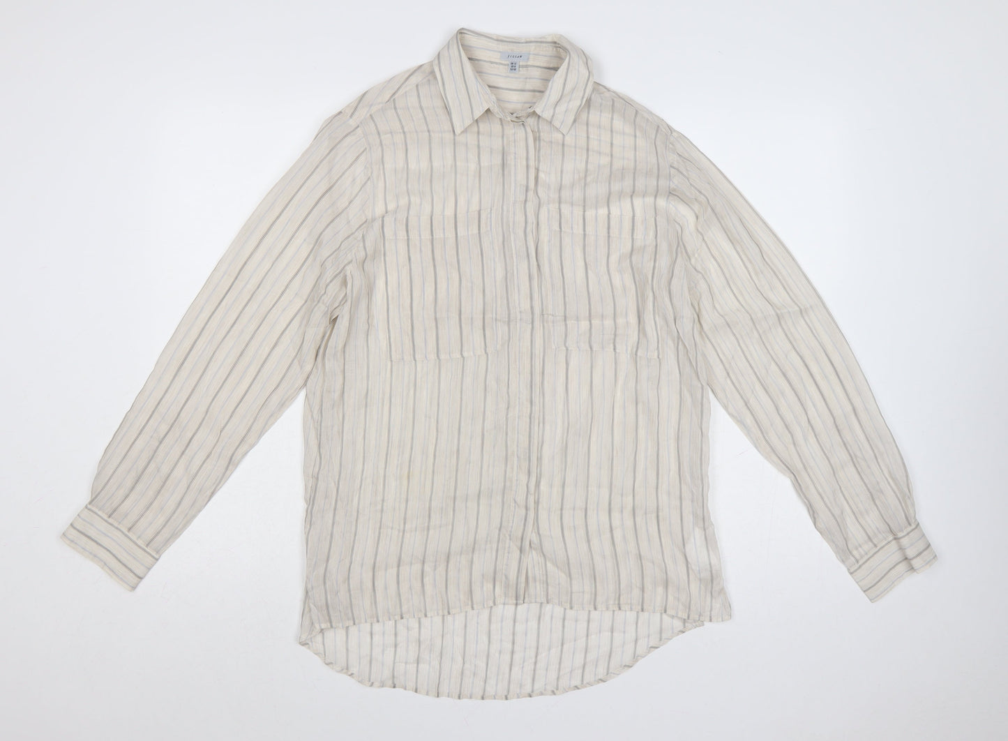 Jigsaw Women Beige Striped Silk Cashmere Tunic Button-Up Shirt UK 12