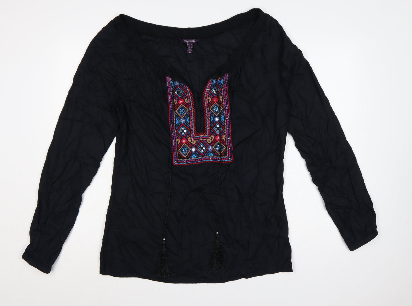 Long Tall Sally Women Black UK 12 Embroidered Aztec Tassel Tunic Blouse