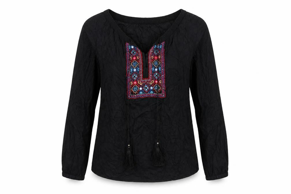 Long Tall Sally Women Black UK 12 Embroidered Aztec Tassel Tunic Blouse