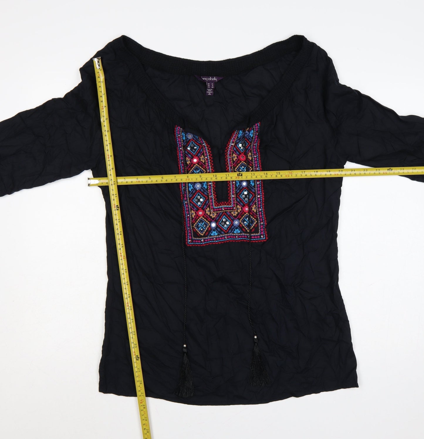 Long Tall Sally Women Black UK 12 Embroidered Aztec Tassel Tunic Blouse
