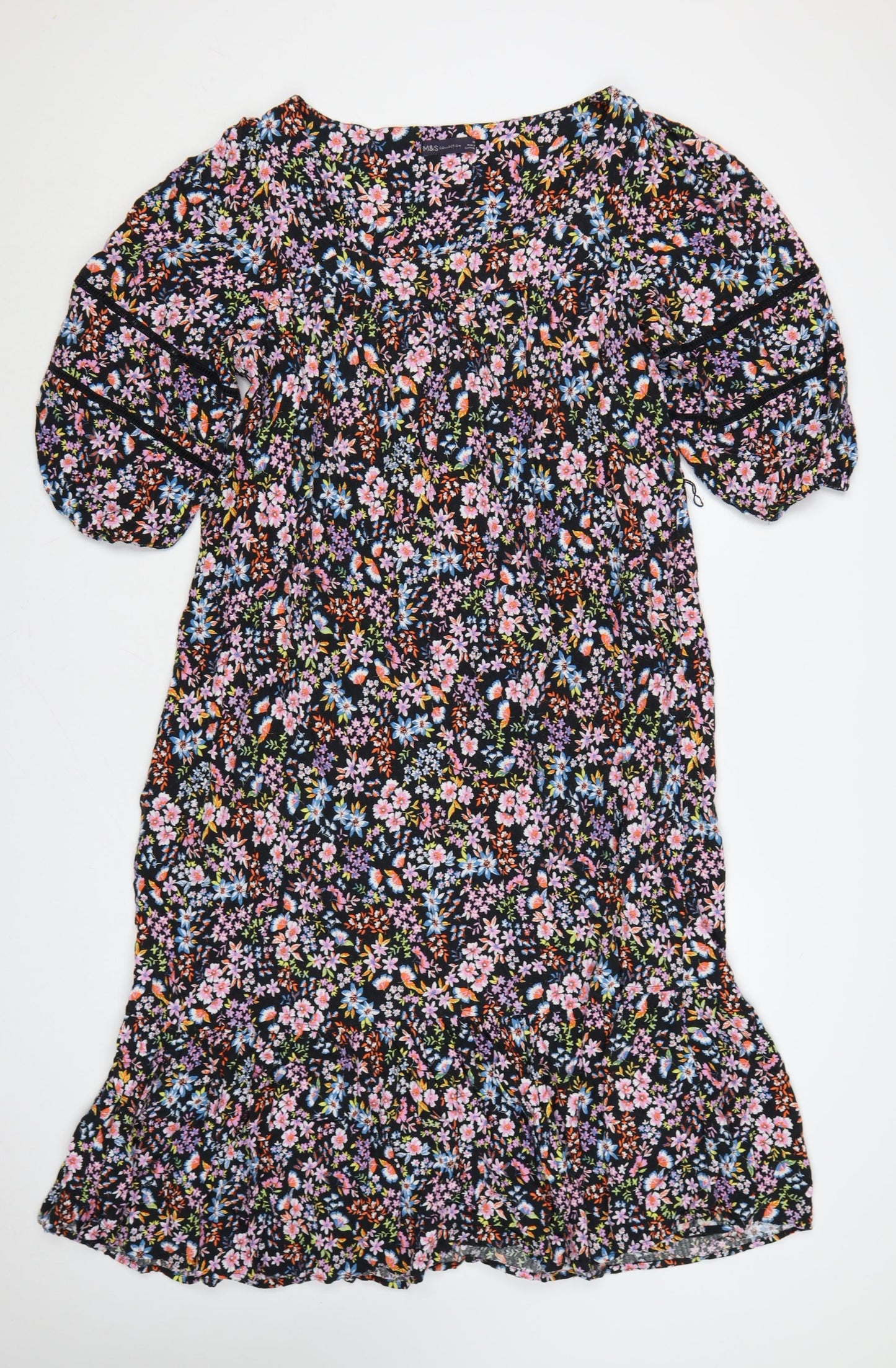 M&S Women Black Floral Fit & Flare Long Dress UK 20 Balloon Sleeve