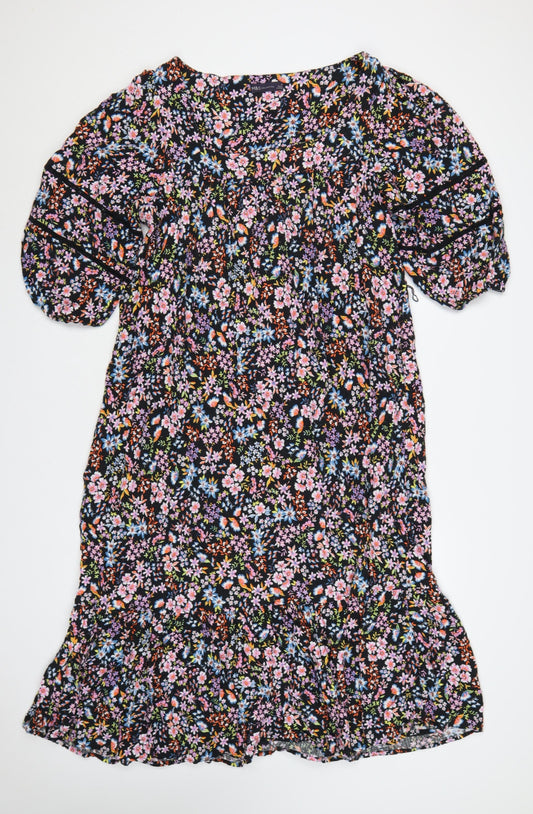 M&S Women Black Floral Fit & Flare Long Dress UK 20 Balloon Sleeve