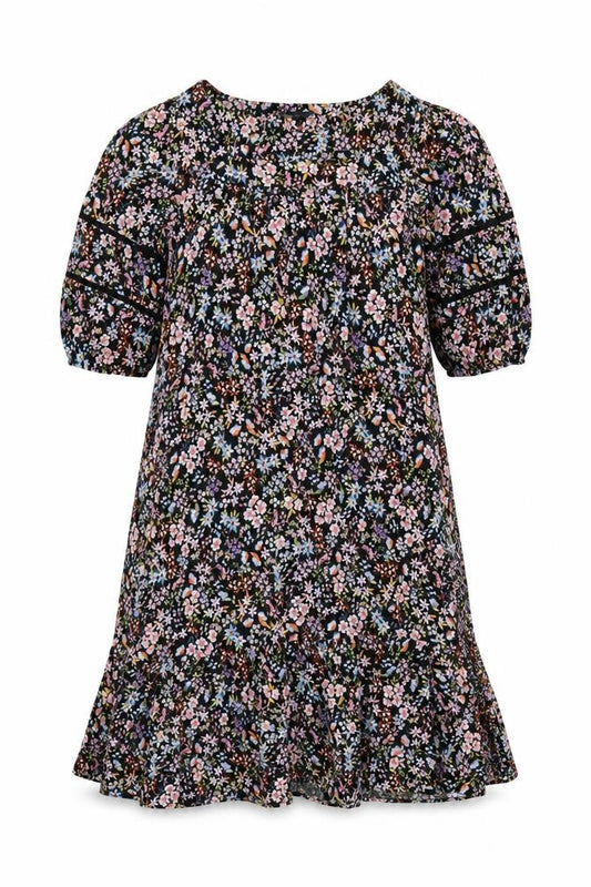 M&S Women Black Floral Fit & Flare Long Dress UK 20 Balloon Sleeve