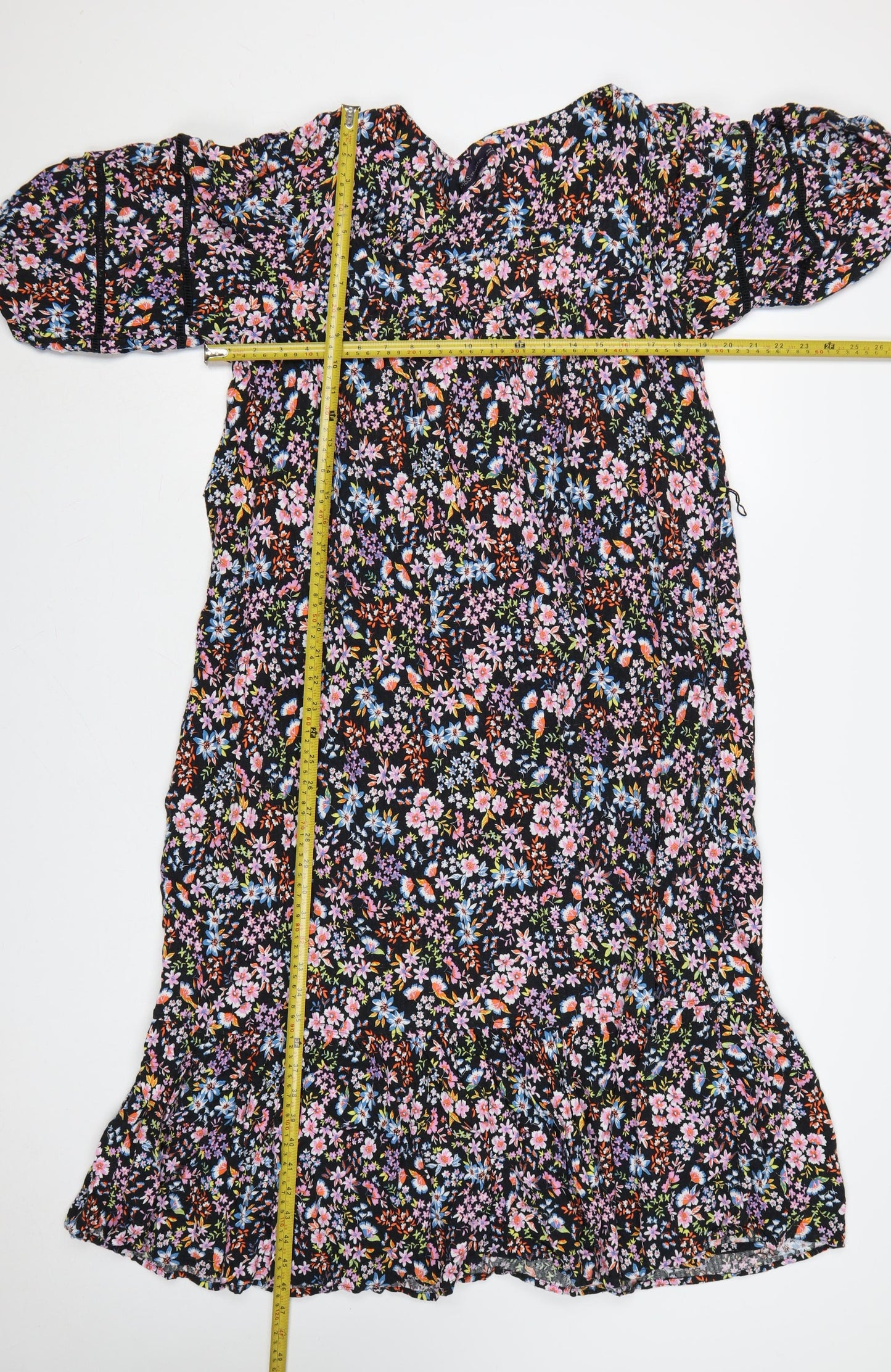 M&S Women Black Floral Fit & Flare Long Dress UK 20 Balloon Sleeve