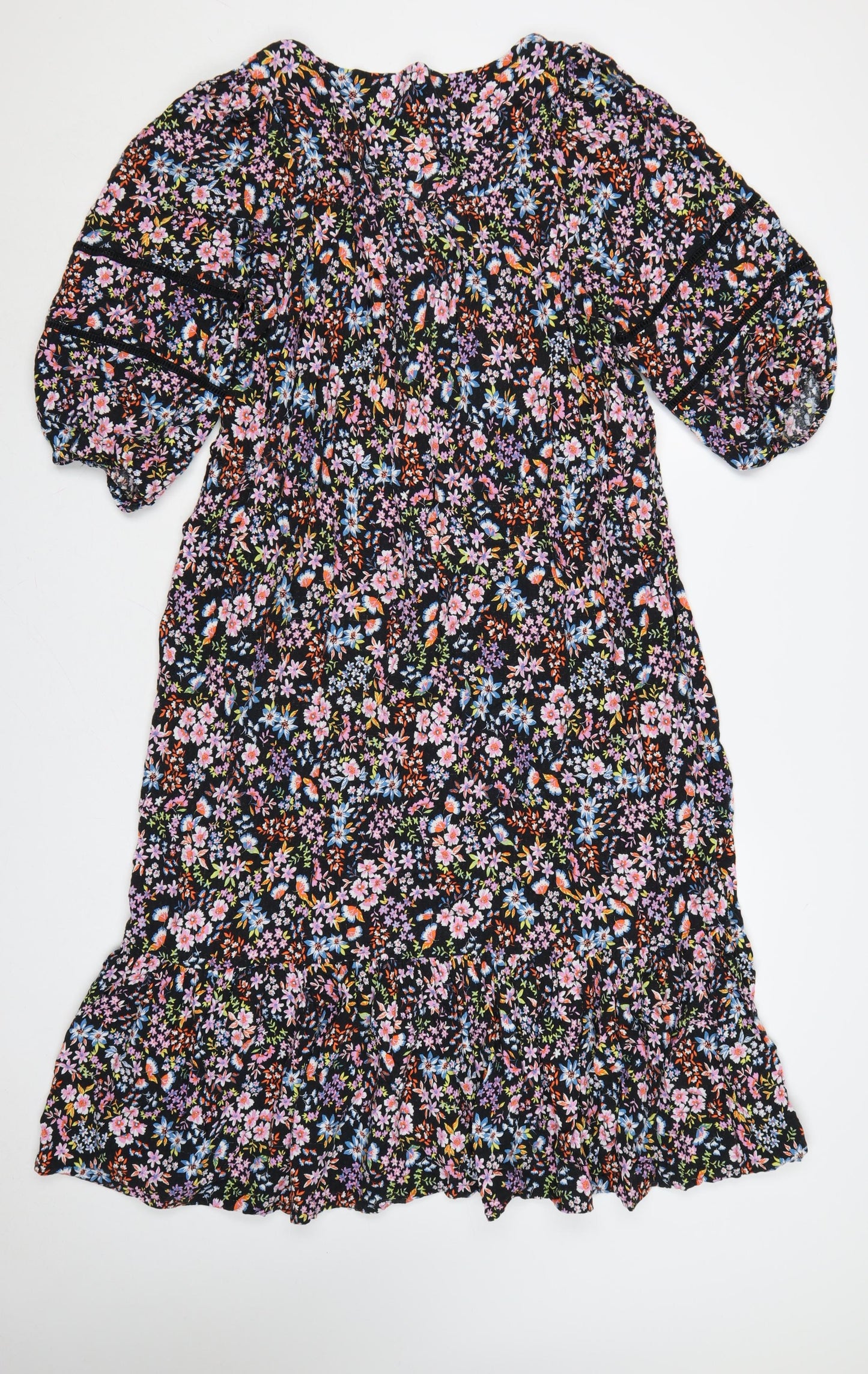 M&S Women Black Floral Fit & Flare Long Dress UK 20 Balloon Sleeve