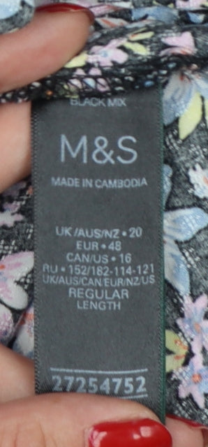 M&S Women Black Floral Fit & Flare Long Dress UK 20 Balloon Sleeve