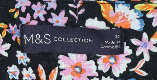 M&S Women Black Floral Fit & Flare Long Dress UK 20 Balloon Sleeve