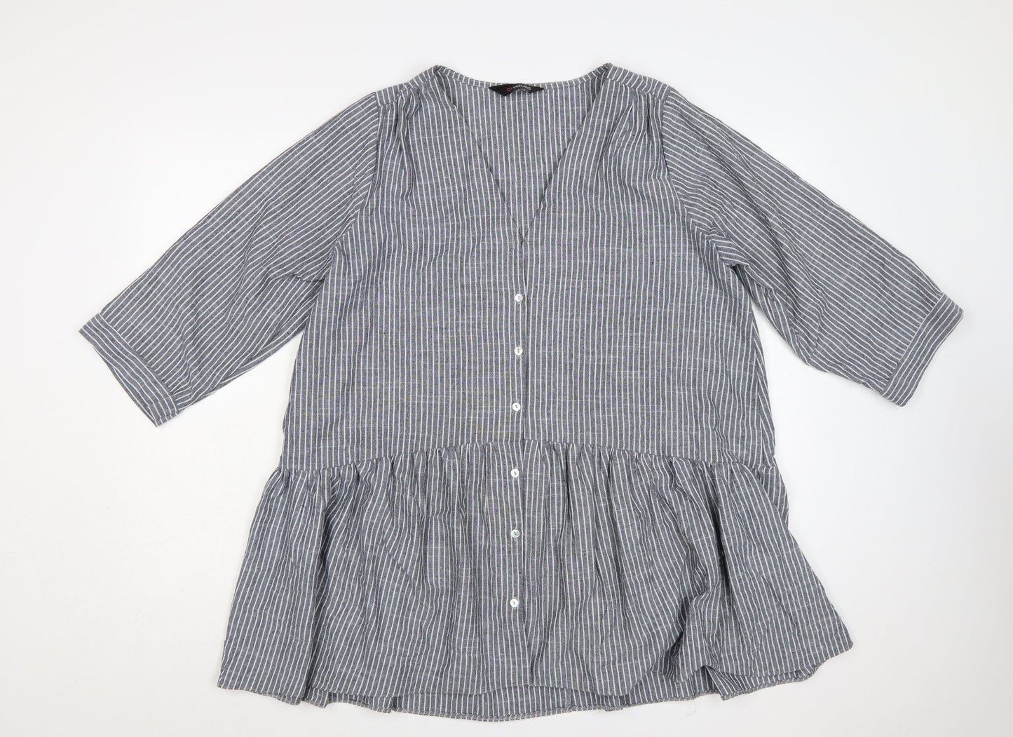 Yours Women Grey White Striped Cotton Tunic Blouse Size 16 3/4 Sleeve