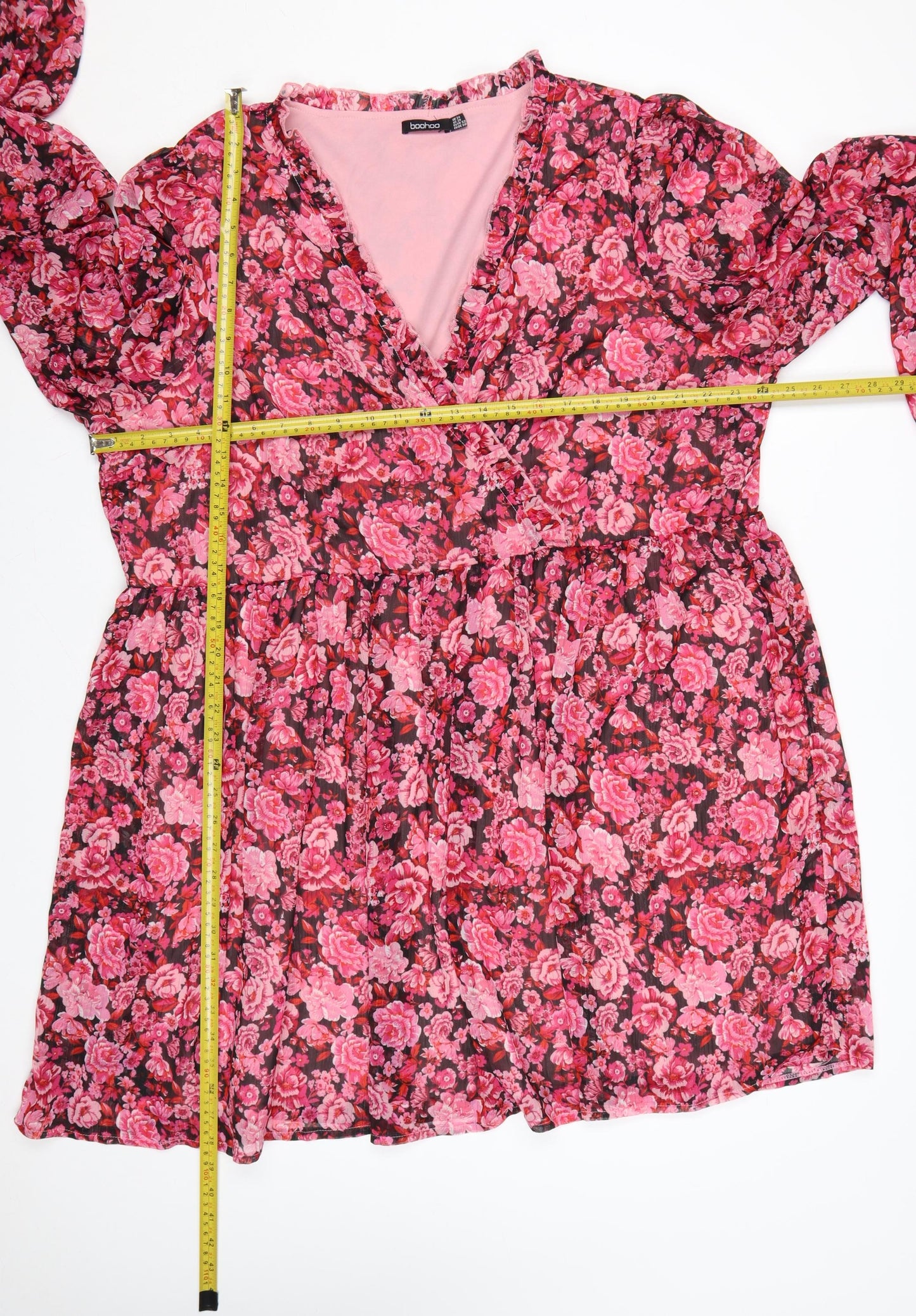 Boohoo Women’s Pink Floral Wrap Dress UK 20 Plus Long Sleeve