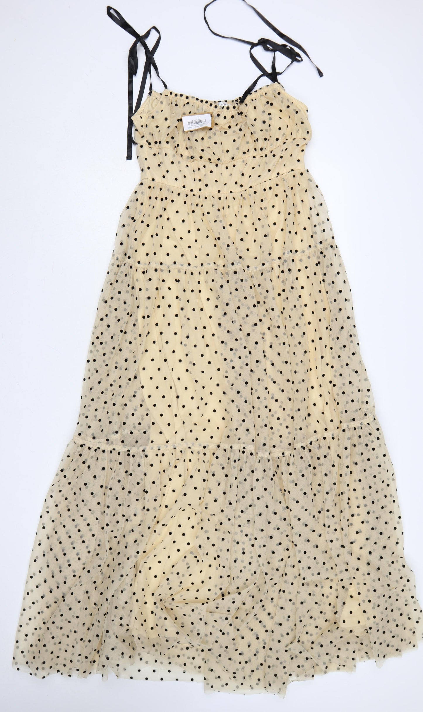 Vestique Women Beige Black Polka Dot M Maxi Tiered Mesh Dress