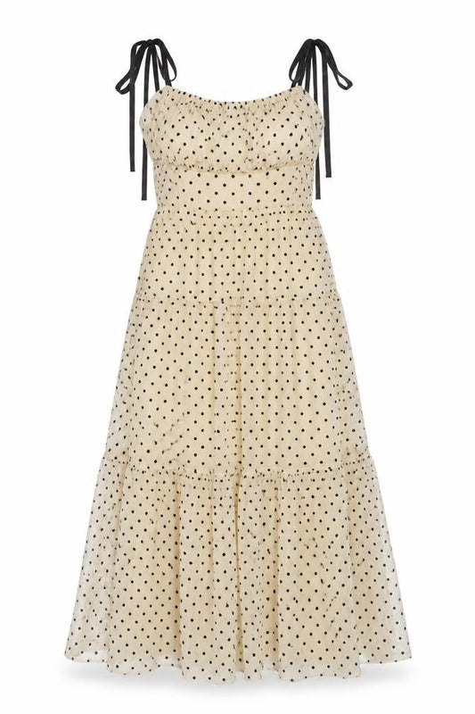 Vestique Women Beige Black Polka Dot M Maxi Tiered Mesh Dress