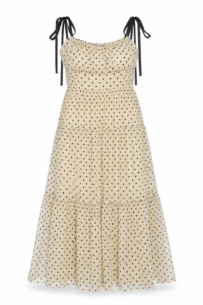 Vestique Women Beige Black Polka Dot M Maxi Tiered Mesh Dress