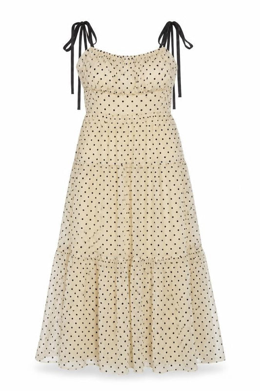 Vestique Women Beige Black Polka Dot M Maxi Tiered Mesh Dress