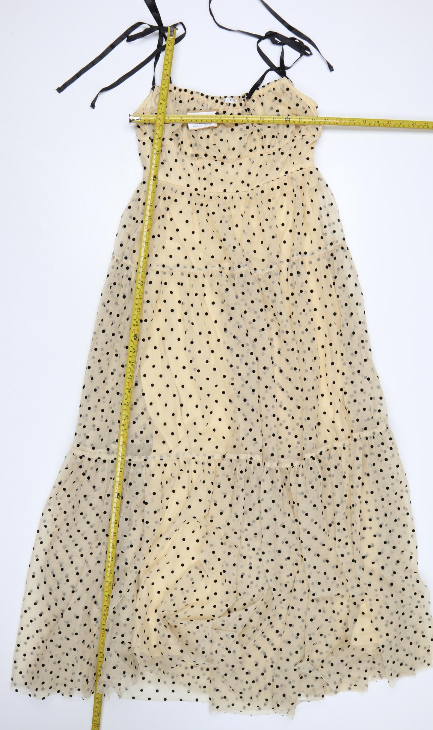Vestique Women Beige Black Polka Dot M Maxi Tiered Mesh Dress