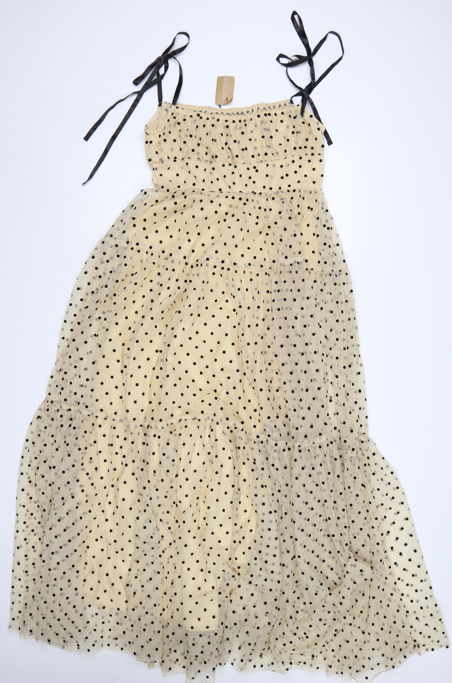 Vestique Women Beige Black Polka Dot M Maxi Tiered Mesh Dress