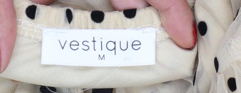 Vestique Women Beige Black Polka Dot M Maxi Tiered Mesh Dress