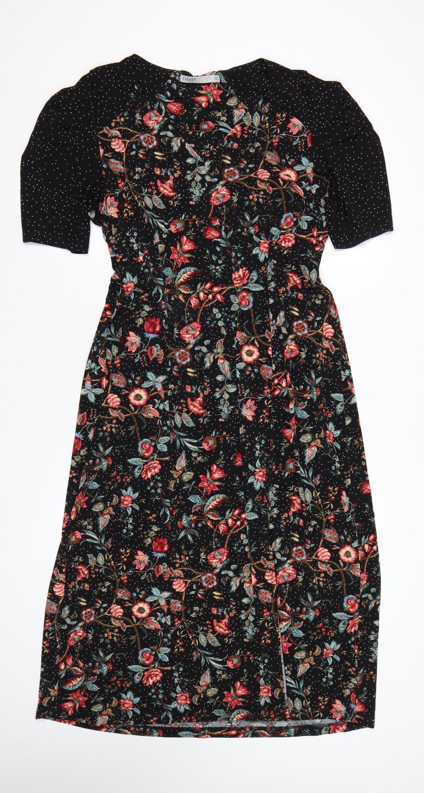 Oasis Women Black Floral Midi Fit & Flare Dress UK 14 L Stretch