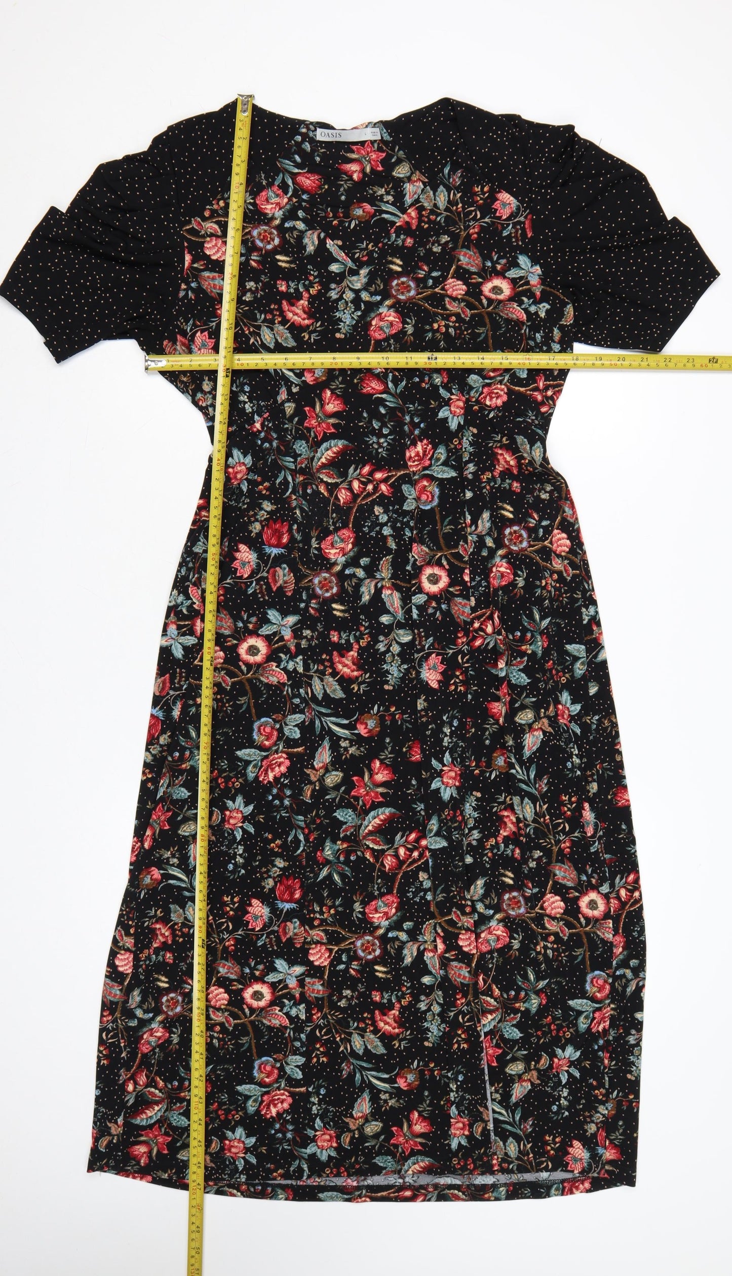 Oasis Women Black Floral Midi Fit & Flare Dress UK 14 L Stretch
