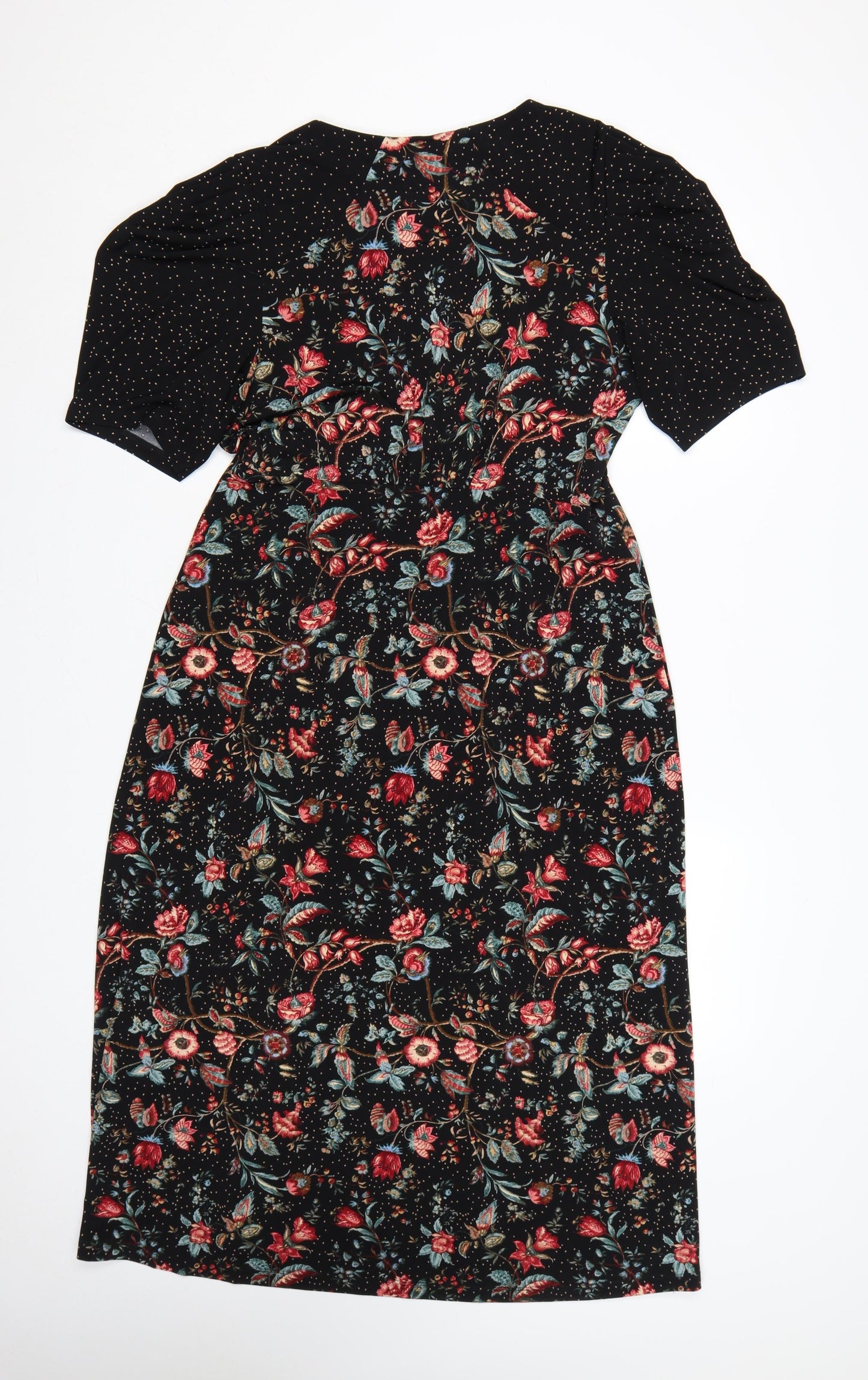 Oasis Women Black Floral Midi Fit & Flare Dress UK 14 L Stretch