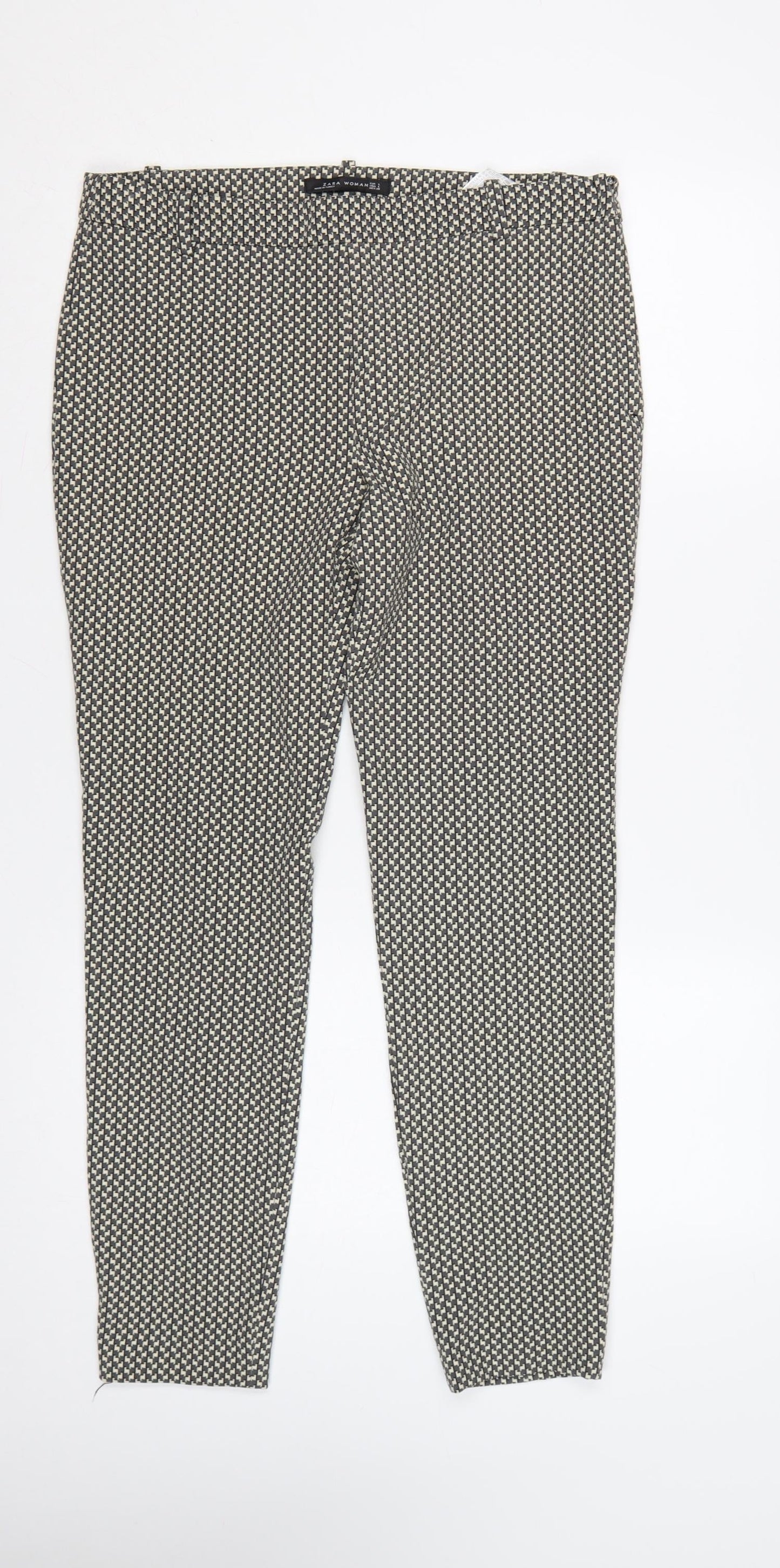 Zara Women Black Ivory Geometric Tapered Dress Trousers UK 12