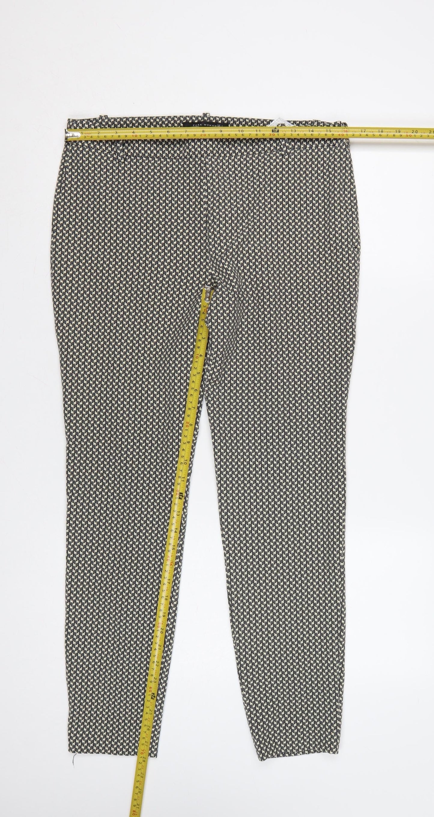 Zara Women Black Ivory Geometric Tapered Dress Trousers UK 12