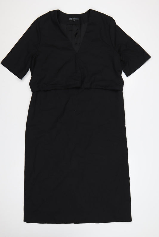 Zara Women Black XL Wool Blend V-Neck Half Sleeve Long Sheath Dress