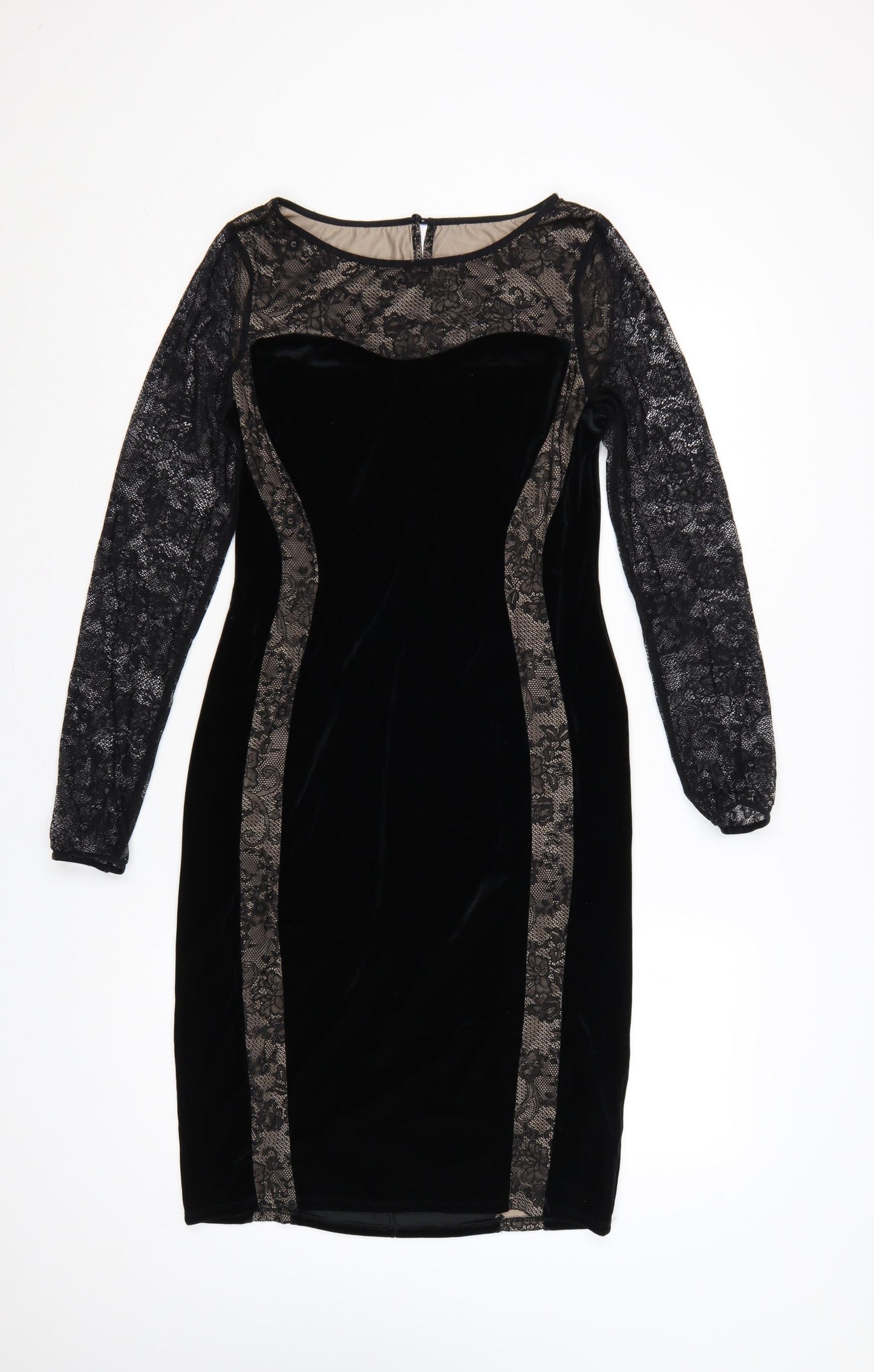 M&S Women Black UK 12 Velvet Lace Bodycon Knee Dress