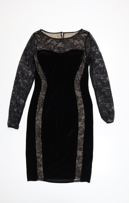 M&S Women Black UK 12 Velvet Lace Bodycon Knee Dress