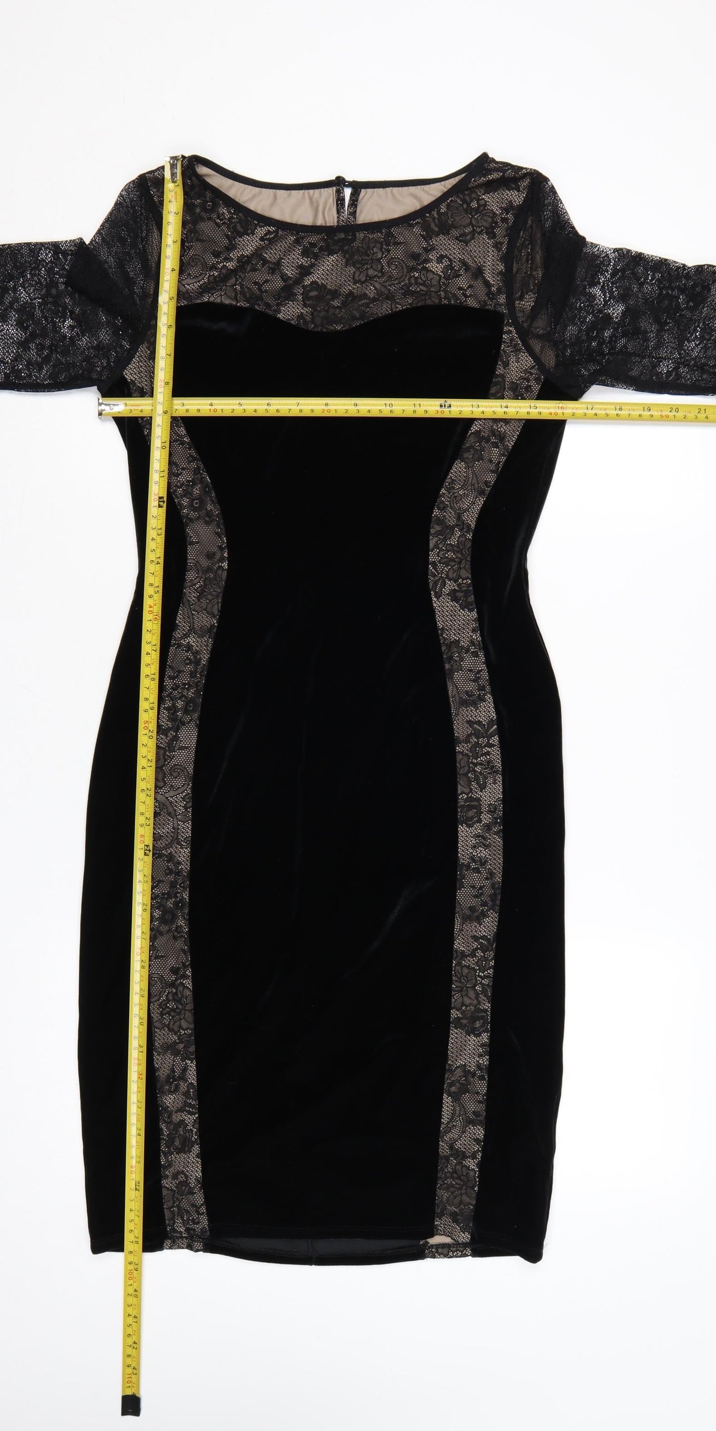 M&S Women Black UK 12 Velvet Lace Bodycon Knee Dress