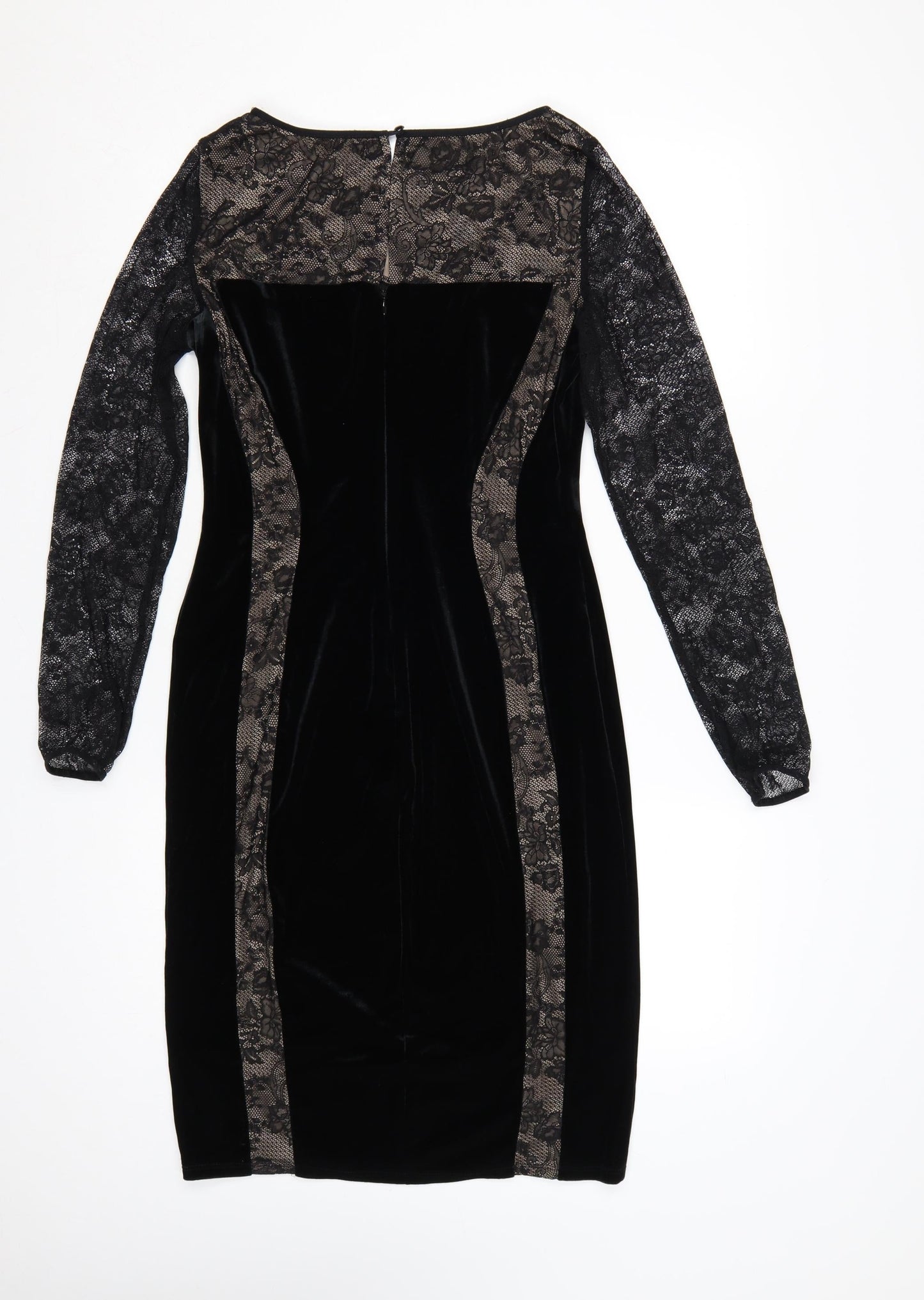 M&S Women Black UK 12 Velvet Lace Bodycon Knee Dress