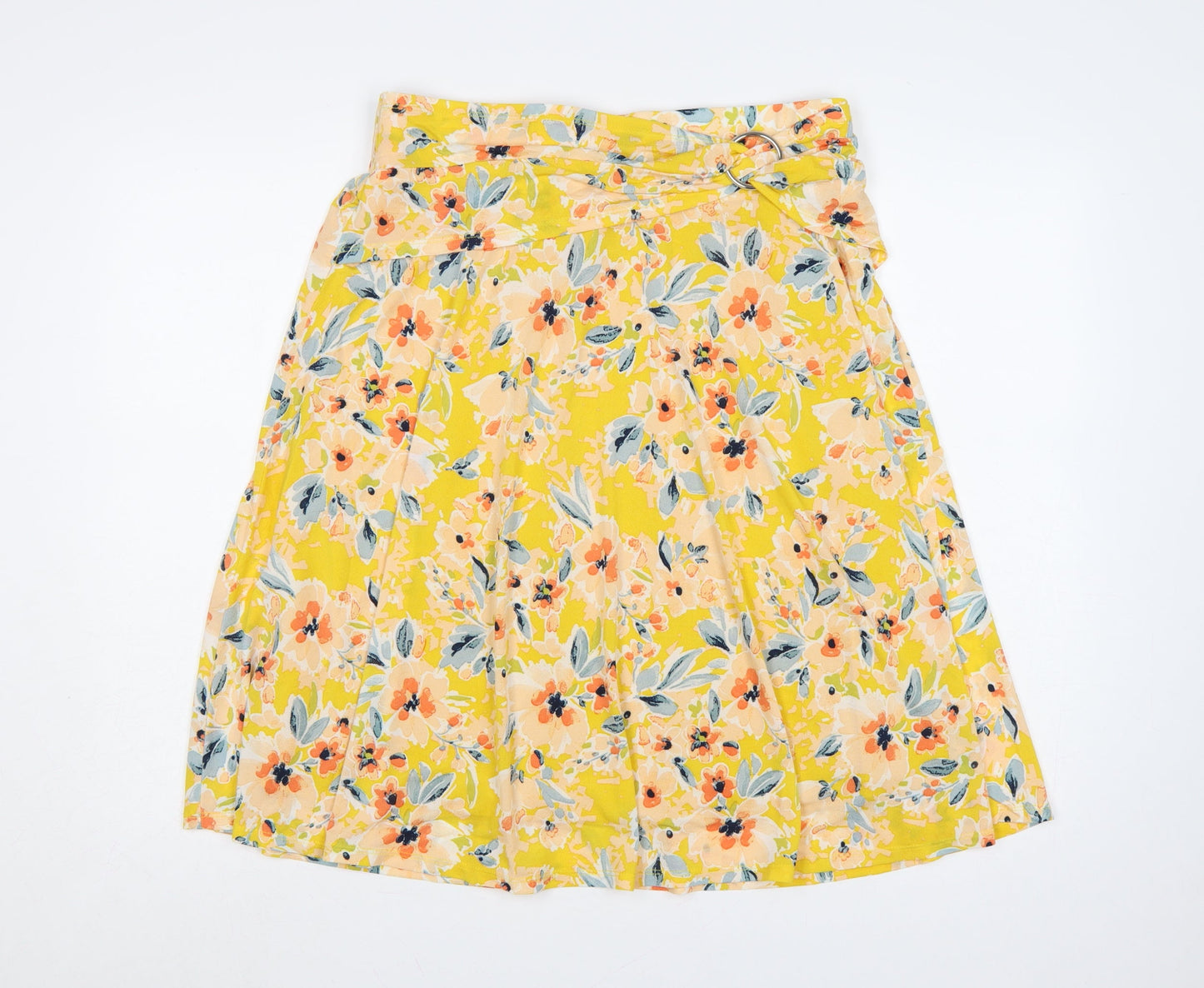 Damart Women Yellow Floral UK 18 Knee Length Flare Skirt D-Ring