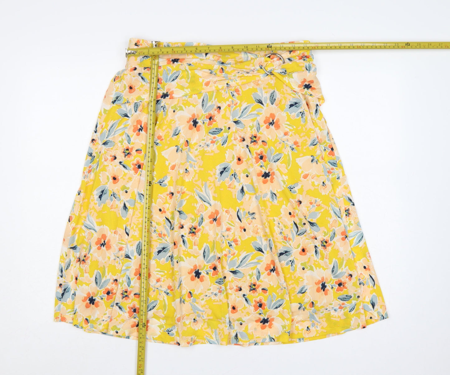 Damart Women Yellow Floral UK 18 Knee Length Flare Skirt D-Ring