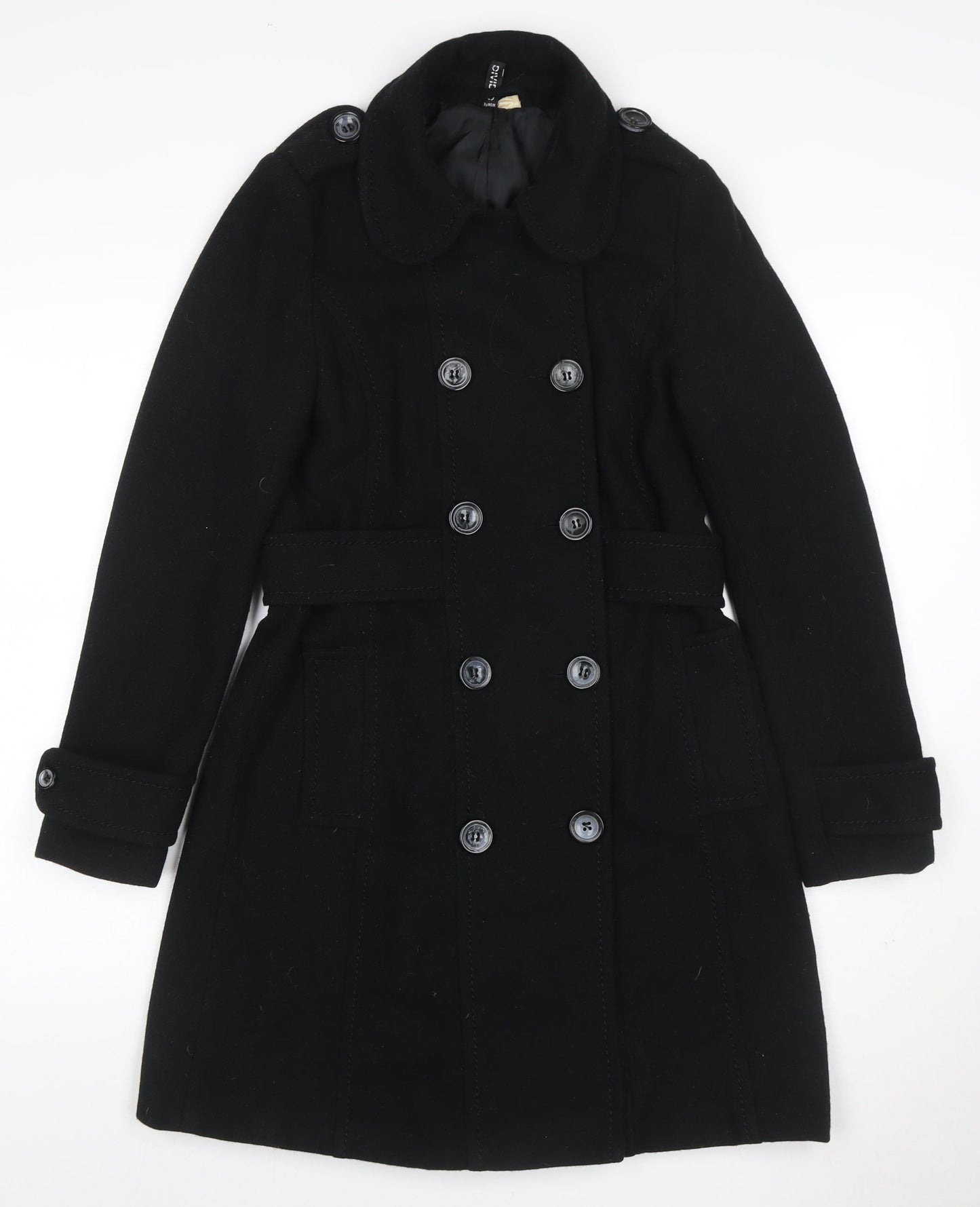 H&M Divided Women's Black UK 10 Double-Breasted Wool Pea Coat